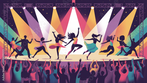 Vibrant dance performance on stage with colorful spotlights and lively crowd in the background at a music festival or concert