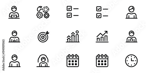 Human productivity line editable icon set, containing icons for productivity efficiency task focus target growth and routine