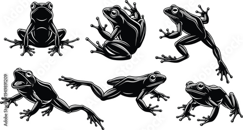Set of black frog vector silhouettes, multiple poses, jumping tree frog illustration collection, amphibian wildlife design, isolated graphic elements bundle