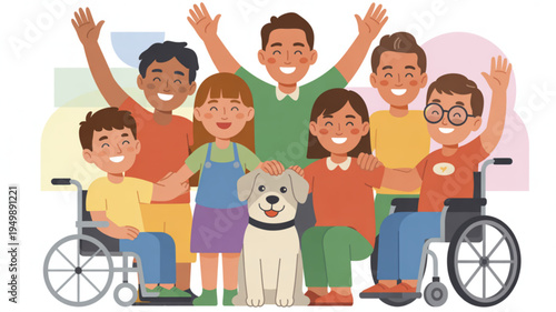 Diverse group of happy people with disabilities and their service dog celebrating together outdoors