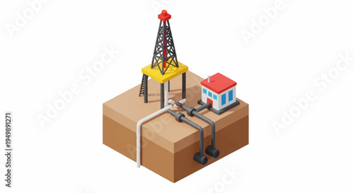 Isometric oil drilling rig on land.