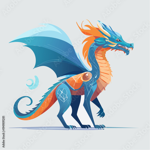 Vibrant mythical creature art a dynamic blue and orange dragon with detailed wings and a fierce, legendary presence illustrated digitally