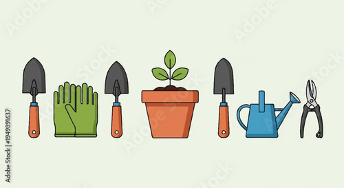 Gardening tools and plant in pot on green background including trowels gloves pruners and watering can for planting and nurturing