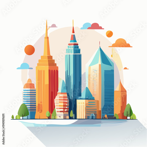 Vibrant modern cityscape illustration with colorful skyscrapers under a bright sky, symbolizing urban development and future growth