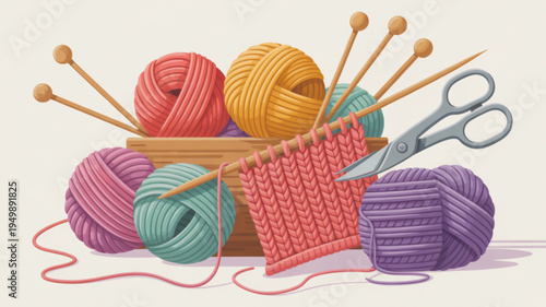Colorful yarn balls and knitting supplies with scissors on a table for hobby and leisure activities