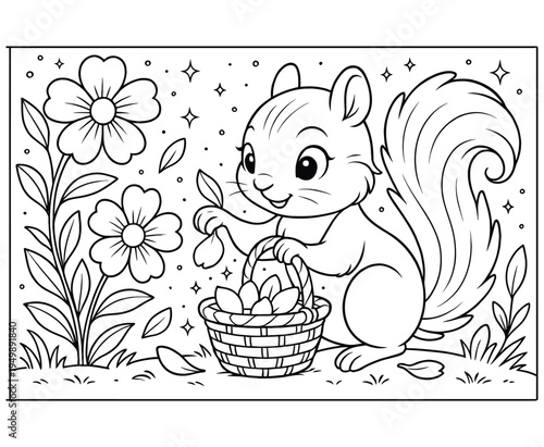 Cute squirrel holding leaves and collecting nuts in basket surrounded by flowers