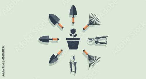 Gardening tools arranged around a potted plant on a light green background for planting and cultivation