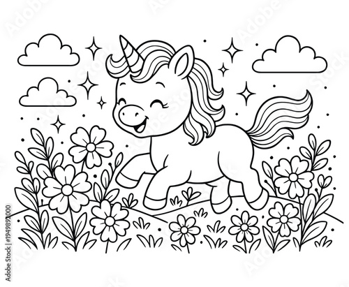 Happy unicorn prancing through magical flower field with clouds and sparkling stars