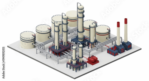 Industrial factory complex with smokestacks and storage tanks.