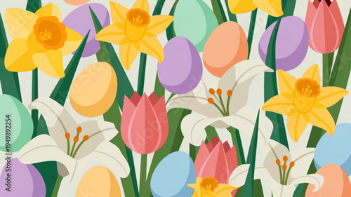 Vibrant spring flowers colorful tulips daffodils and lilies in bloom easter eggs background floral pattern