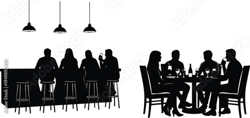 People Silhouette Set Featuring Friends Sitting At Bar Counter And Dining At Restaurant Table For Social Gathering Hospitality And Nightlife