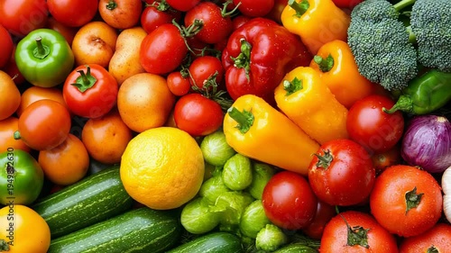 Vibrant fresh vegetables display in motion: broccoli, peppers, tomatoes, garlic, and zucchinis arrangement