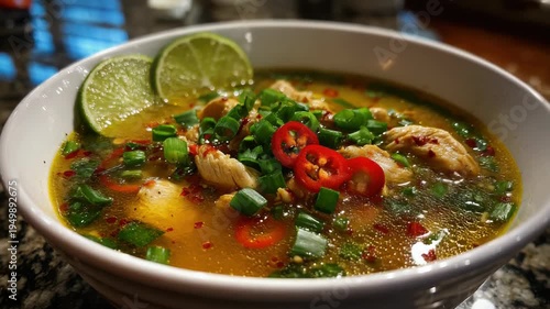 Warm and flavorful chicken soup garnished with lime and chili in sunlit kitchen setting