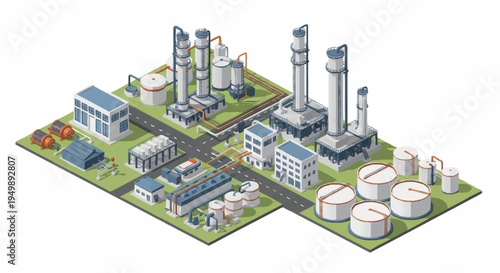Industrial factory complex with multiple buildings.