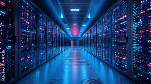 A futuristic data center corridor with rows of servers. The environment is illuminated by blue and red lights, creating a high-tech atmosphere.