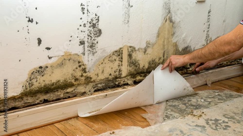 A person removes wallpaper revealing mold on a wall. The scene shows damage from moisture and neglect in a residential setting