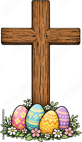 Wooden Cross With Easter Eggs And Spring Flowers