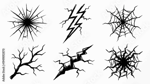 Six cracked surface variations in black line style, symbolizing fracture, breakage, damage, destruction, and abstract artistic patterns.