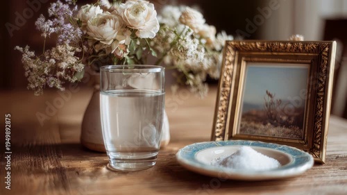 A rustic table setting with a glass of water, a small plate of sugar, a vase of flowers, and a framed picture. Day of the Dead (Dia de los Muertos)