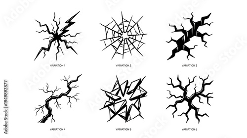 Six cracked surface variations in black line style, symbolizing fracture, breakage, damage, destruction, and abstract artistic patterns.