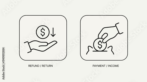 Black-and-white square icons of hands with coins, symbolizing refund, return, payment, and income in financial transaction concepts.