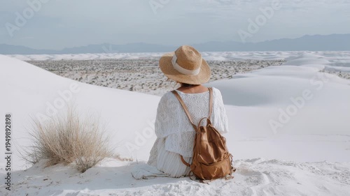 A young Hispanic woman with long brown hair sits on white sand dunes, wearing a white dress and a wide-brimmed hat, overlooking a vast desert landscape.