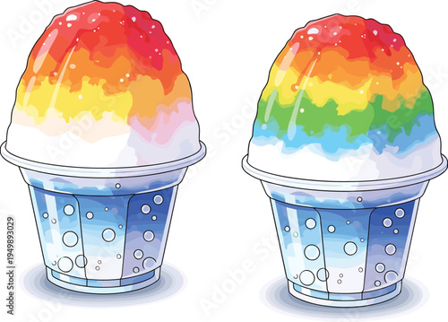 Rainbow Shaved Ice Illustrations Featuring Colorful Snow Cones In Plastic Cups With Fruity Syrups For Summer Dessert And Tropical Refreshment