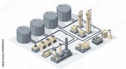 Isometric industrial complex with pipelines and machinery.