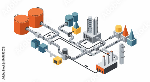 Industrial process diagram with pipes and machinery.
