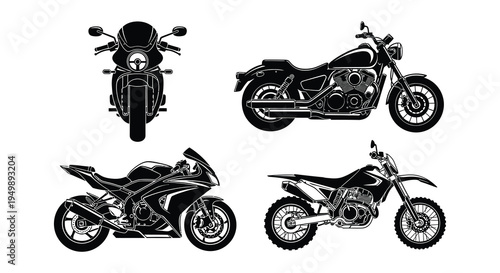 Four distinct motorcycle silhouettes in a black and white graphic