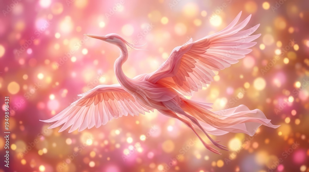 Naklejka premium Elegant Pink Crane in Flight Crane Bird Pink Soaring Bokeh Artistic Nature. Concept featuring crane, bird, pink, soaring, bokeh for professional commercial design.