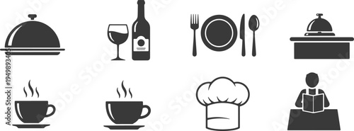 Icon collection representing various aspects of the hospitality and culinary industry