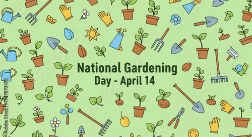National gardening day april 14 colorful garden tools and plants pattern background