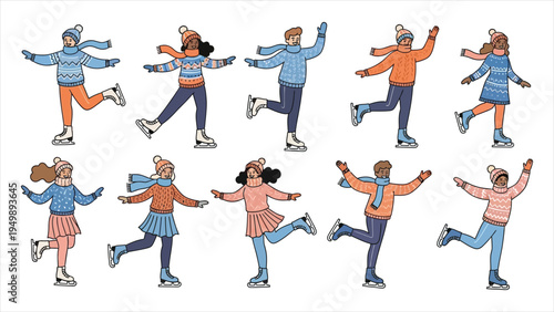 Diverse People Ice Skating Outdoors in Winter – Friends Enjoying Ice Rink Activity on a Sunny Day