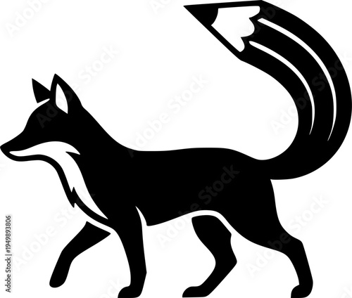 Minimalist vector silhouette of a clever fox with a tail shaped like a pencil, symbolizing creative writing and smart design.