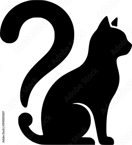 Minimalist vector silhouette of a sitting cat with its tail forming a question mark, representing curiosity, mystery, and searching for answers.