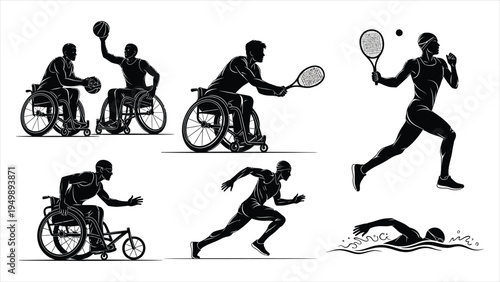  Inclusive Sports Silhouette Set – Adaptive Athletes in Wheelchair Tennis, Basketball, Running and Swimming Outline Vector