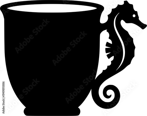 Elegant vector silhouette of a coffee cup with a handle shaped like a detailed seahorse.