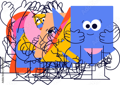 Geometric funny characters. Color elements with tiny stick legs, big eyes and funny emotions.