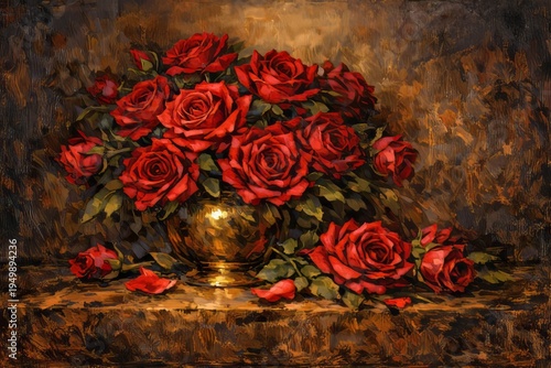 pintura de ramo de rosas rojas en una mesa