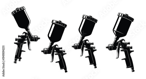Black and white illustration of various spray paint guns displayed together