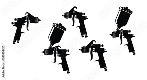 Black and white illustration of various spray paint guns displayed together