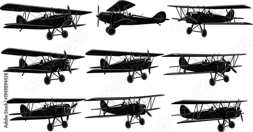 Set of vintage biplane silhouettes from various angles featuring classic propeller aircraft designs for retro aviation and historical flight projects