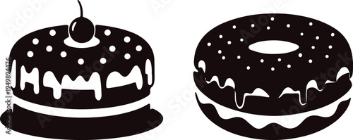 Delicious black and white illustrations of a layered cake and glazed doughnut