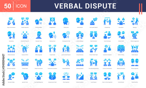 Verbal Dispute Icon Set. angry conversation, heated argument, shouting match, disagreement, yelling face and more. Glyph Gradient vector icons collection.