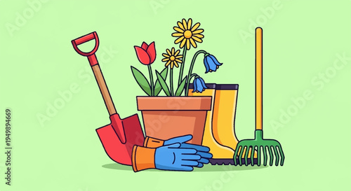 Gardening tools and flowers in pot on green background with gloves