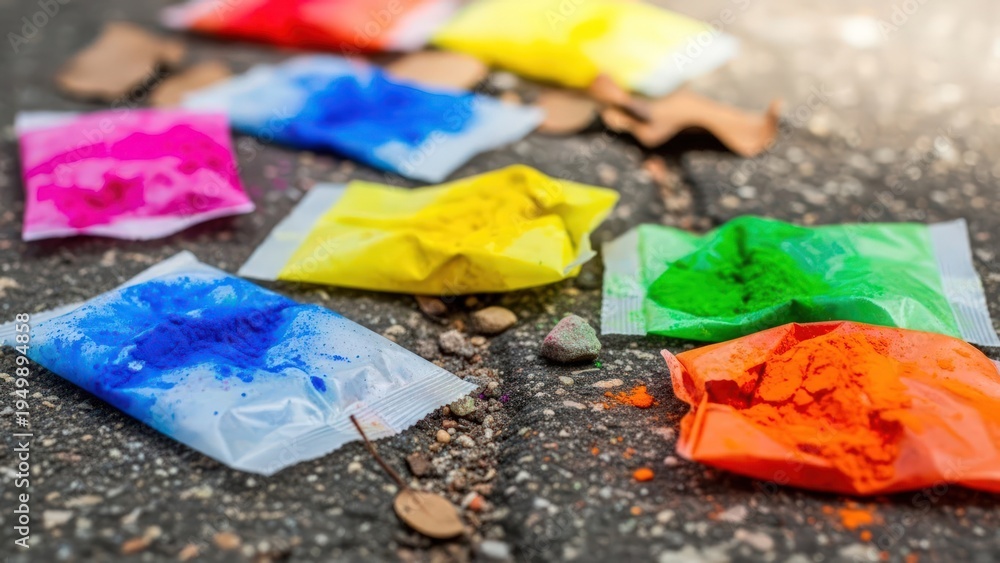 Naklejka premium Close-up of torn colored powder packets on a gray asphalt surface with scattered debris.