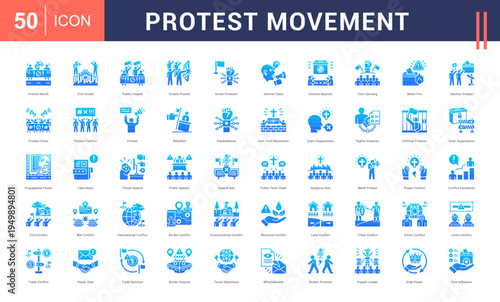 Protest Movement Icon Set. protest march, civil unrest, public dissent, violent protest, arrest protester and more. Glyph Gradient vector icons collection.