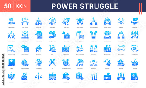 Power Struggle Icon Set. power struggle, coup attempt, dictator rule, grab power, tyrant rule and more. Glyph Gradient vector icons collection.