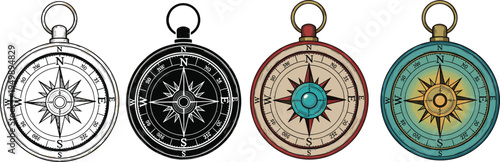 Set of vintage compass illustrations, black and white and colored, navigation tool vector collection, directional instruments, nautical travel exploration design